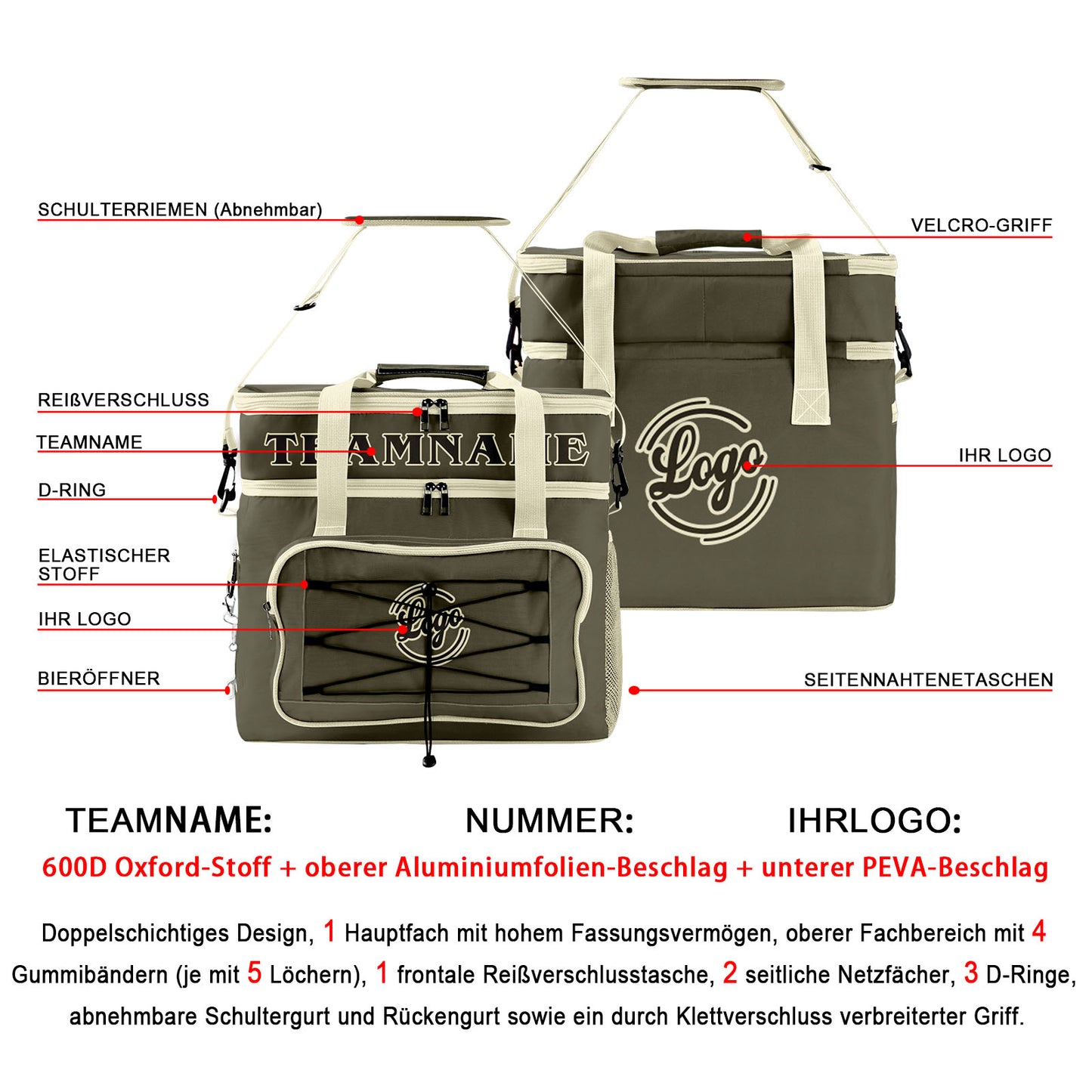 Maßgeschickerte Armee Grün Creme vollflächig bedruckte isolierte Kühltasche mit Doppelwand Wasserdichte 600D Oxford Picknick-Tragetasche für Teamevents & Outdoor-Grillen