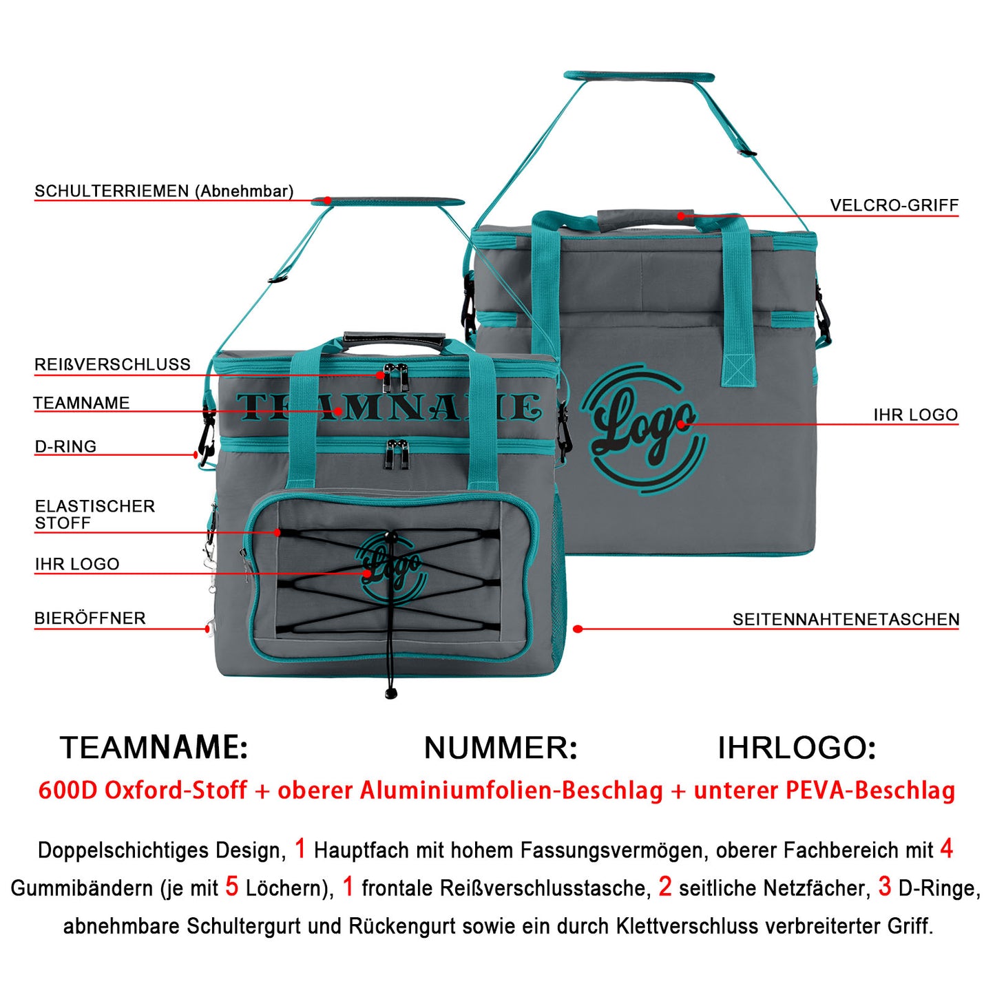 Maßgeschickerte Grau Cyan vollflächig bedruckte isolierte Kühltasche mit Doppelwand Wasserdichte 600D Oxford Picknick-Tragetasche für Teamevents & Outdoor-Grillen
