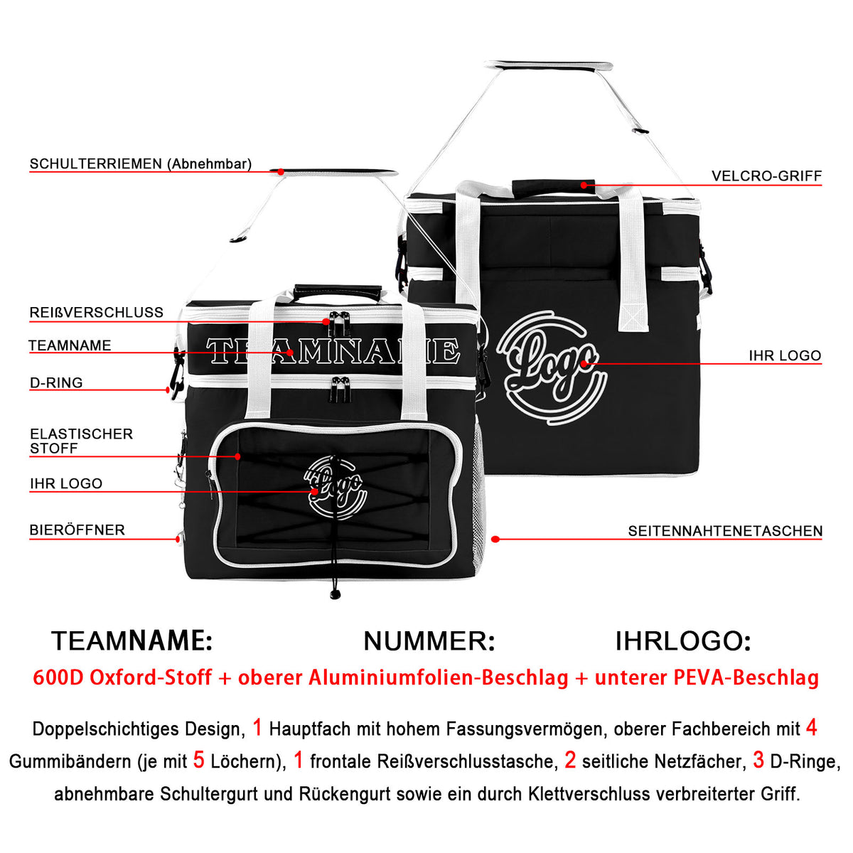Maßgeschickerte Schwarz Weiß vollflächig bedruckte isolierte Kühltasche mit Doppelwand Wasserdichte 600D Oxford Picknick-Tragetasche für Teamevents & Outdoor-Grillen