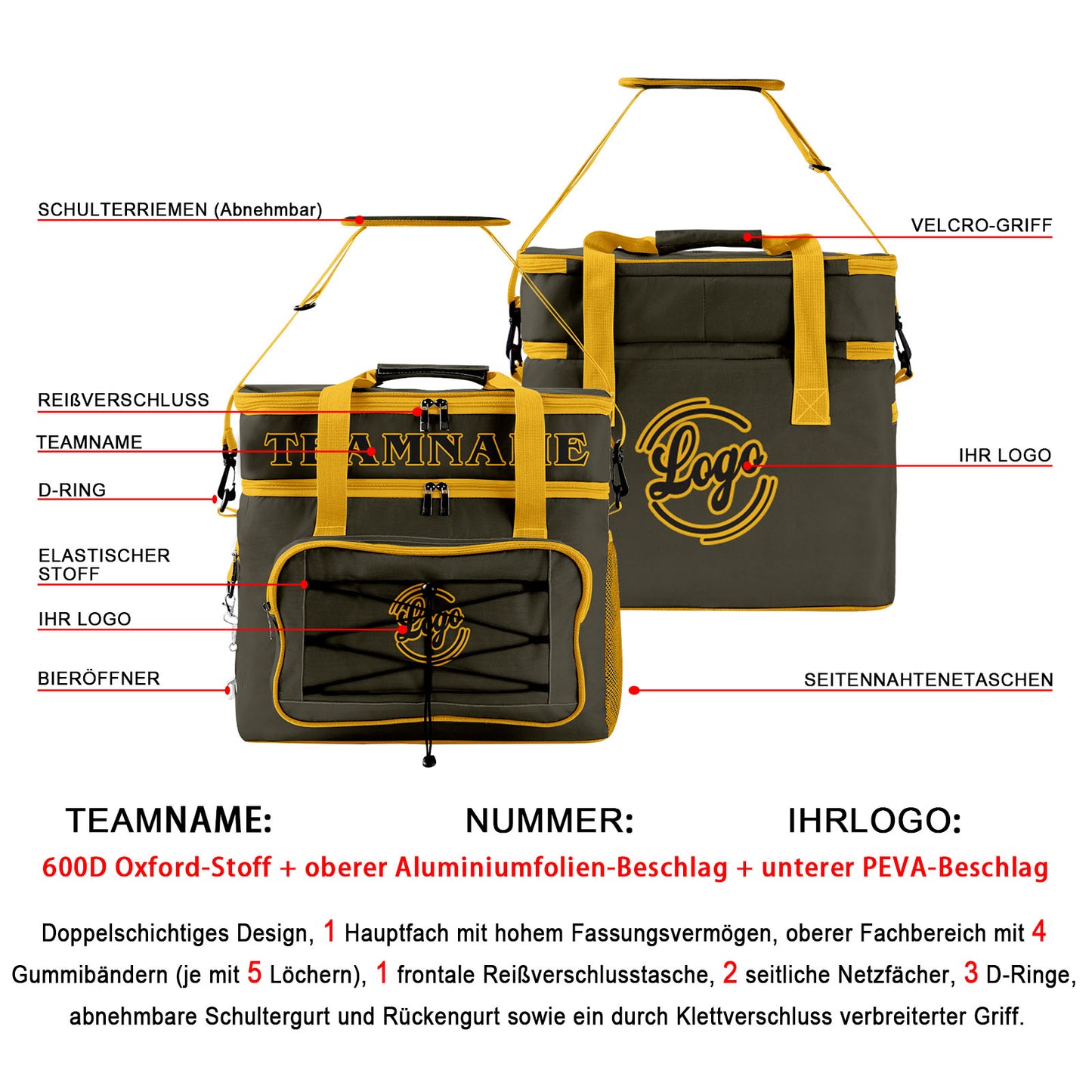 Maßgeschickerte Dunkelgrün Gelb vollflächig bedruckte isolierte Kühltasche mit Doppelwand Wasserdichte 600D Oxford Picknick-Tragetasche für Teamevents & Outdoor-Grillen