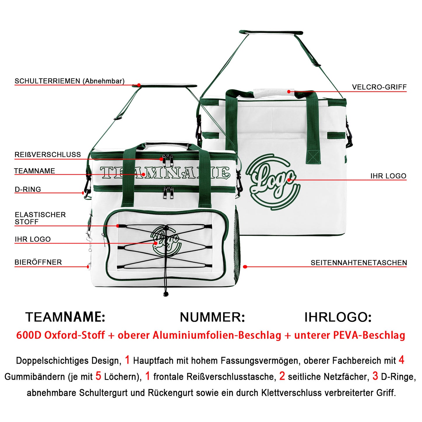 Maßgeschickerte Weiß Dunkelgrün vollflächig bedruckte isolierte Kühltasche mit Doppelwand Wasserdichte 600D Oxford Picknick-Tragetasche für Teamevents & Outdoor-Grillen