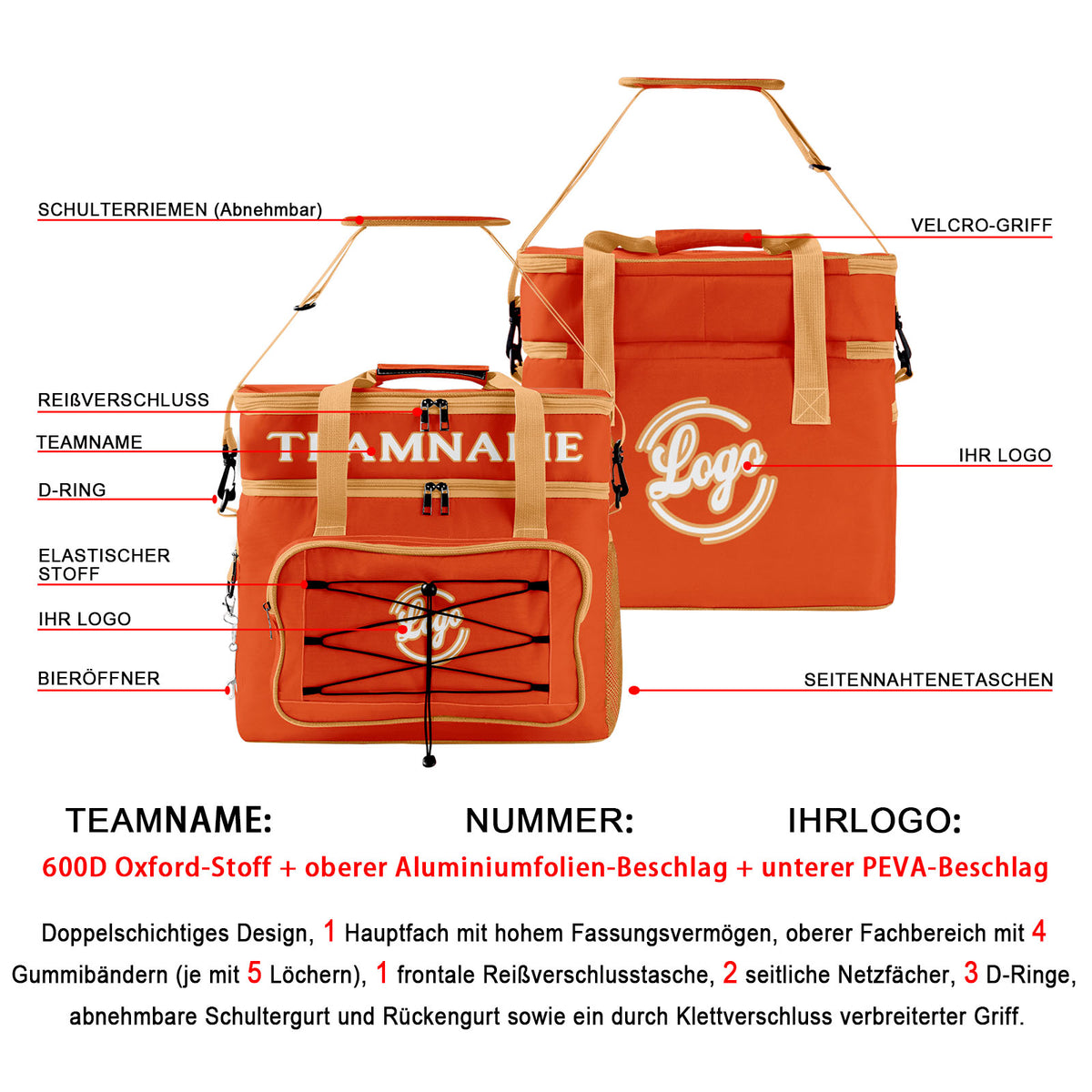 Maßgeschickerte Orange Beige vollflächig bedruckte isolierte Kühltasche mit Doppelwand Wasserdichte 600D Oxford Picknick-Tragetasche für Teamevents & Outdoor-Grillen