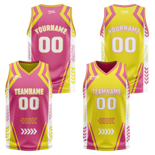 Benutzerdefinierte Rosa Gelb Reversible Basketball Jersey Personalisierte Drucken Name Nummer Logo