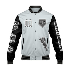 Maßgeschneiderte Grau Schwarz Letterman Varsity Jacket Individuelle Stickerei  Druck nach Ihrem Wunsch