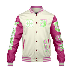 Maßgeschneiderte Weiß Rosa Letterman Varsity Jacket Individuelle Stickerei  Druck nach Ihrem Wunsch