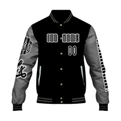 Maßgeschneiderte Schwarz Grau Letterman Varsity Jacket Individuelle Stickerei Druck nach Ihrem Wunsch
