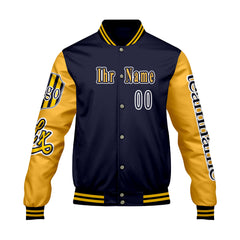 Maßgeschneiderte Marine Gelb Letterman Varsity Jacket Individuelle Stickerei Druck nach Ihrem Wunsch