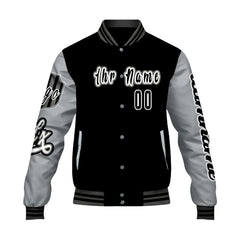 Maßgeschneiderte Schwarz Grau Letterman Varsity Jacket Individuelle Stickerei Druck nach Ihrem Wunsch