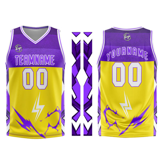Benutzerdefinierter Gelb Lila Basketball Jersey Uniform Anzug gedruckt Ihr Logo Name Nummer