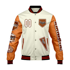 Maßgeschneiderte Weiß Orange Letterman Varsity Jacket Individuelle Stickerei Druck nach Ihrem Wunsch