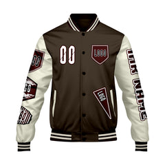 Maßgeschneiderte Braun Weiß Letterman Varsity Jacket Individuelle Stickerei  Druck nach Ihrem Wunsch