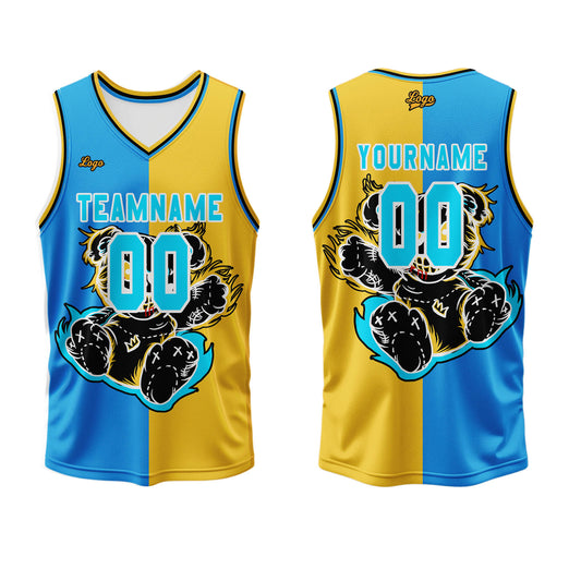 Benutzerdefinierter Blau Gelb Basketball Jersey Uniform Anzug gedruckt Ihr Logo Name Nummer