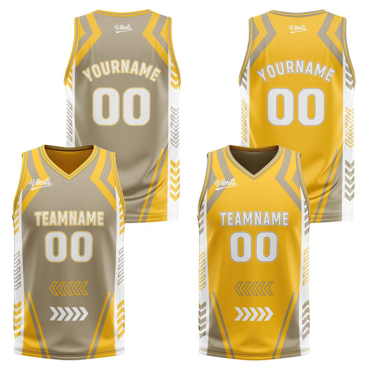 Benutzerdefinierte Grau Gelb Reversible Basketball Jersey Personalisierte Drucken Name Nummer Logo