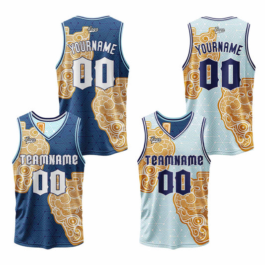Benutzerdefinierte Marine Hellblau Reversible Basketball Jersey Personalisierte Print Name Nummer Logo
