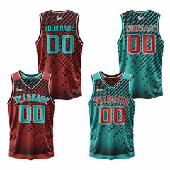 Benutzerdefinierte Cyan Rot Reversible Basketball Jersey Personalisierte Print Name Nummer Logo