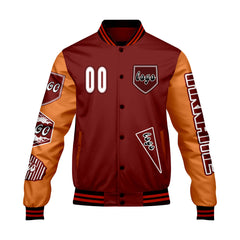 Maßgeschneiderte Rot Orange Letterman Varsity Jacket Individuelle Stickerei Druck nach Ihrem Wunsch
