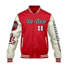 Maßgeschneiderte Rot Weiß Letterman Varsity Jacket Individuelle Stickerei Druck nach Ihrem Wunsch