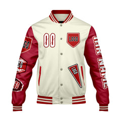 Maßgeschneiderte Weiß Rot Letterman Varsity Jacket Individuelle Stickerei Druck nach Ihrem Wunsch