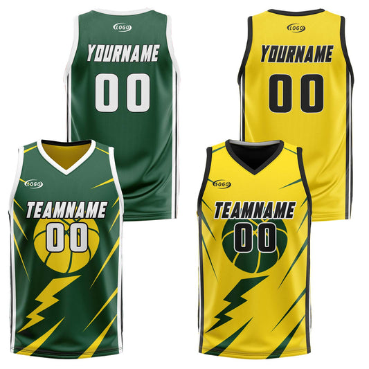 Benutzerdefinierte Grün Gelb Reversible Basketball Jersey Personalisierte Drucken Name Nummer Logo
