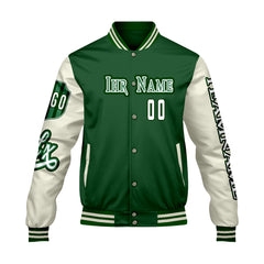 Maßgeschneiderte Grün Weiß Letterman Varsity Jacket Individuelle Stickerei Druck nach Ihrem Wunsch