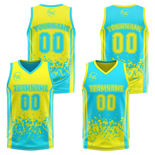 Benutzerdefinierte Hellgelb Hellblau Reversible Basketball Jersey Personalisierte Drucken Name Nummer Logo