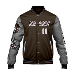 Maßgeschneiderte Braun Grau Letterman Varsity Jacket Individuelle Stickerei Druck nach Ihrem Wunsch