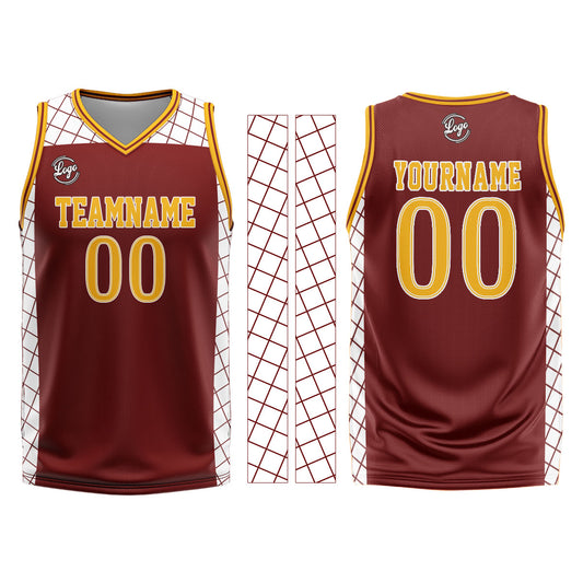 Benutzerdefinierter Burgund Gelb Basketball Jersey Uniform Anzug gedruckt Ihr Logo Name Nummer