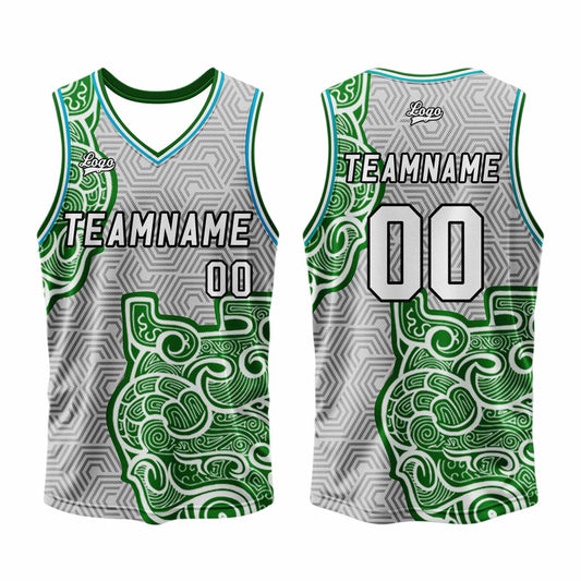 Benutzerdefinierter Grau Grün Basketball Jersey Uniform Anzug gedruckt Ihr Logo Name Nummer