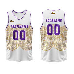 Benutzerdefinierter Gelb Violett Basketball Jersey Uniform Anzug gedruckt Ihr Logo Name Nummer