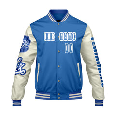 Maßgeschneiderte Blau Weiß Letterman Varsity Jacket Individuelle Stickerei Druck nach Ihrem Wunsch