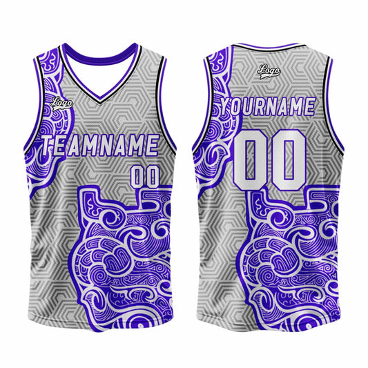 Benutzerdefinierter Grau Lila Basketball Jersey Uniform Anzug gedruckt Ihr Logo Name Nummer