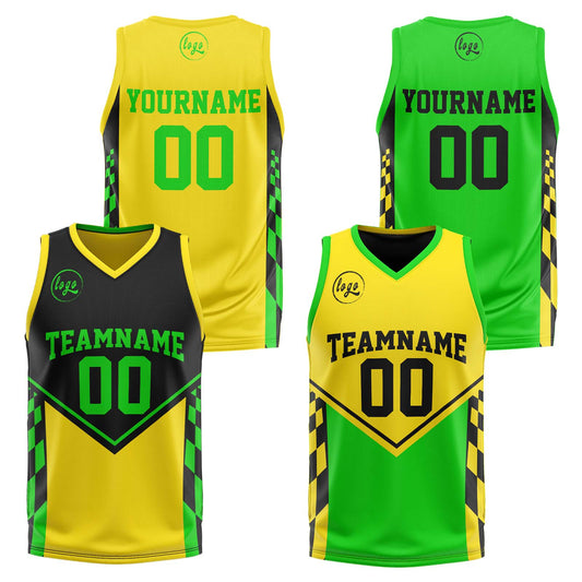 Benutzerdefinierte Schwarz Gelb Lichtgrün Reversible Basketball Jersey Personalisierte Print Name Nummer Logo