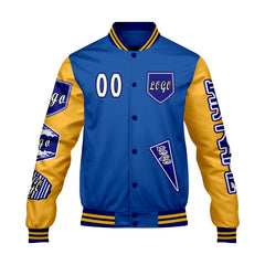 Maßgeschneiderte Blau Gelb Letterman Varsity Jacket Individuelle Stickerei  Druck nach Ihrem Wunsch