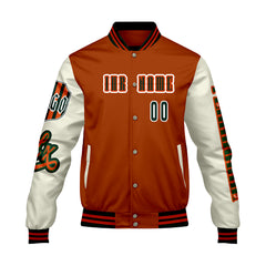 Maßgeschneiderte Orange Weiß Letterman Varsity Jacket Individuelle Stickerei Druck nach Ihrem Wunsch