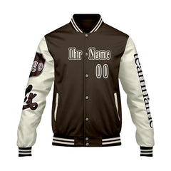 Maßgeschneiderte Braun Weiß Letterman Varsity Jacket Individuelle Stickerei Druck nach Ihrem Wunsch
