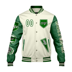 Maßgeschneiderte Weiß Grün Letterman Varsity Jacket Individuelle Stickerei Druck nach Ihrem Wunsch