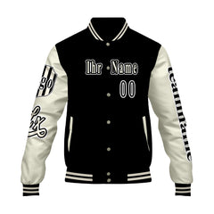 Maßgeschneiderte Schwarz Weiß Letterman Varsity Jacket Individuelle Stickerei Druck nach Ihrem Wunsch