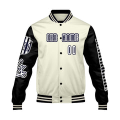 Maßgeschneiderte Weiß Schwarz Letterman Varsity Jacket Individuelle Stickerei Druck nach Ihrem Wunsch