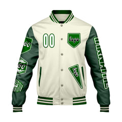 Maßgeschneiderte Weiß Militärgrün Letterman Varsity Jacket Individuelle Stickerei Druck nach Ihrem Wunsch