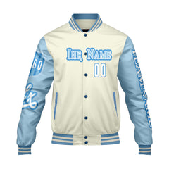 Maßgeschneiderte Weiß Blau Letterman Varsity Jacket Individuelle Stickerei Druck nach Ihrem Wunsch