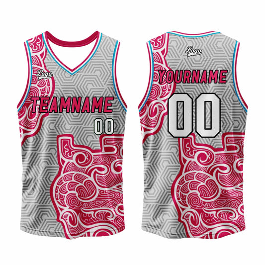 Benutzerdefinierter Grau Rosa Basketball Jersey Uniform Anzug gedruckt Ihr Logo Name Nummer