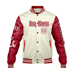 Maßgeschneiderte Weiß Rot Letterman Varsity Jacket Individuelle Stickerei Druck nach Ihrem Wunsch