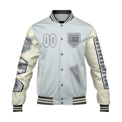 Maßgeschneiderte Grau Weiß Letterman Varsity Jacket Individuelle Stickerei  Druck nach Ihrem Wunsch