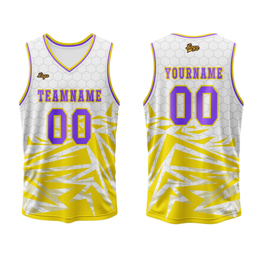 Benutzerdefinierter Gelb Violett Basketball Jersey Uniform Anzug gedruckt Ihr Logo Name Nummer