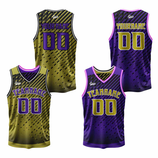 Benutzerdefinierte Gold Lila Reversible Basketball Jersey Personalisierte Print Name Nummer Logo