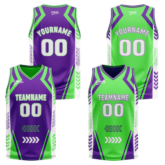Benutzerdefinierte Lila Grün Reversible Basketball Jersey Personalisierte Drucken Name Nummer Logo