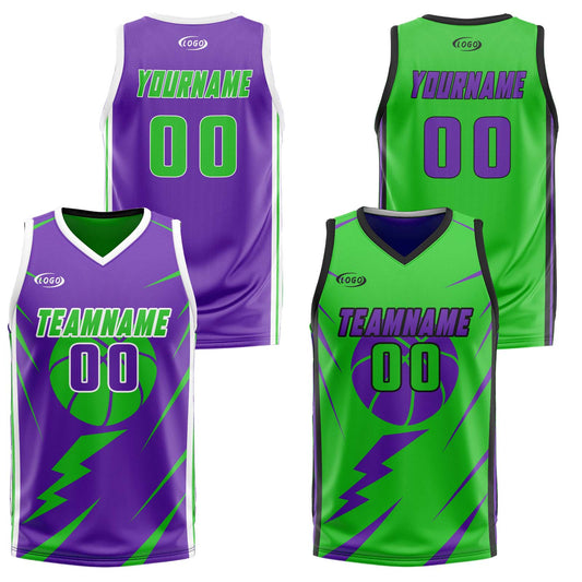 Benutzerdefinierte Lila Grün Reversible Basketball Jersey Personalisierte Drucken Name Nummer Logo