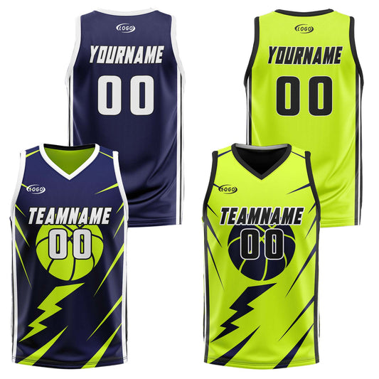 Benutzerdefinierte Marine Lichtgrün Reversible Basketball Jersey Personalisierte Drucken Name Nummer Logo