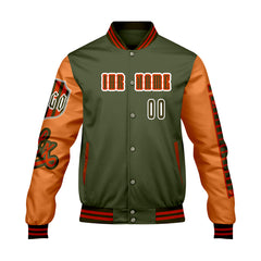 Maßgeschneiderte Grün Orange Letterman Varsity Jacket Individuelle Stickerei Druck nach Ihrem Wunsch
