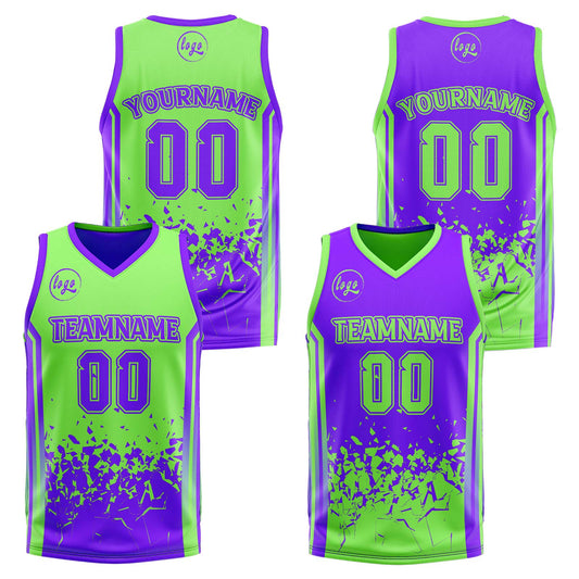 Benutzerdefinierte Grün Lila Reversible Basketball Jersey Personalisierte Drucken Name Nummer Logo